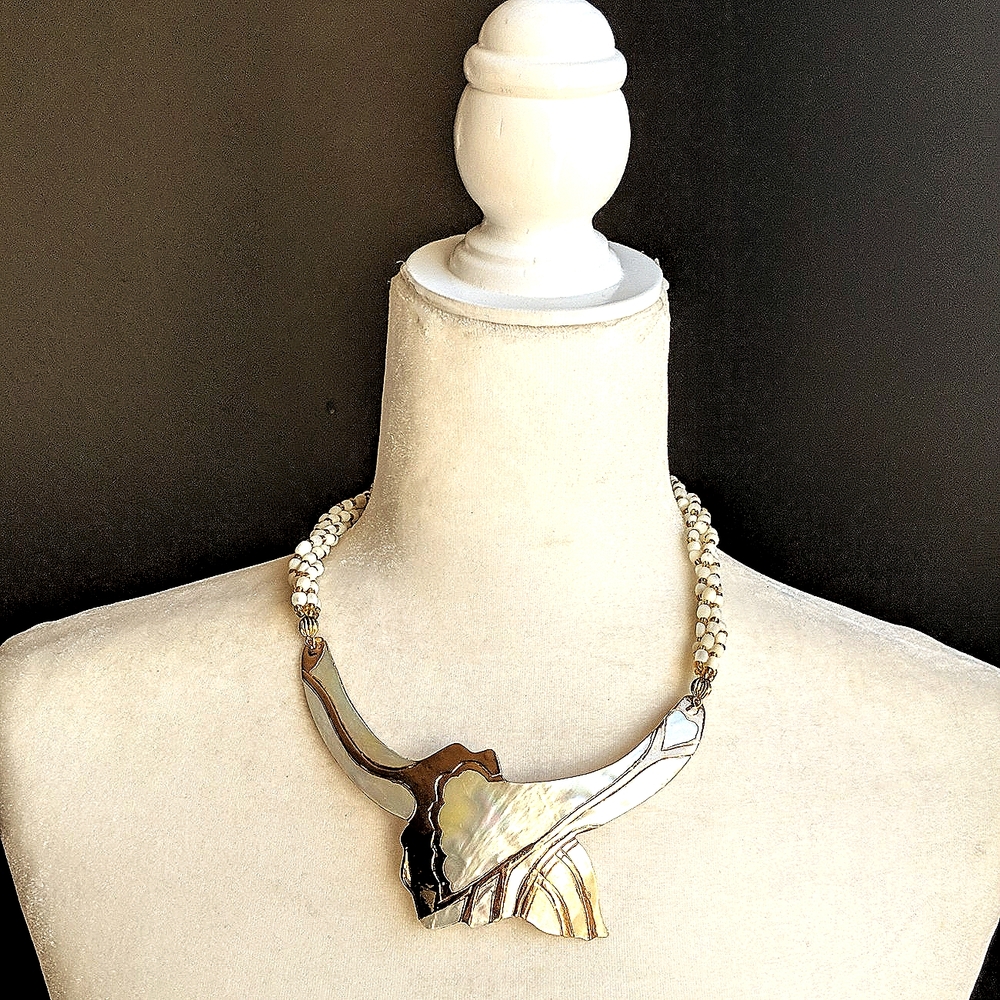 Vintage Statement Necklace | White Mother of Pearl with Bold Gold Trim